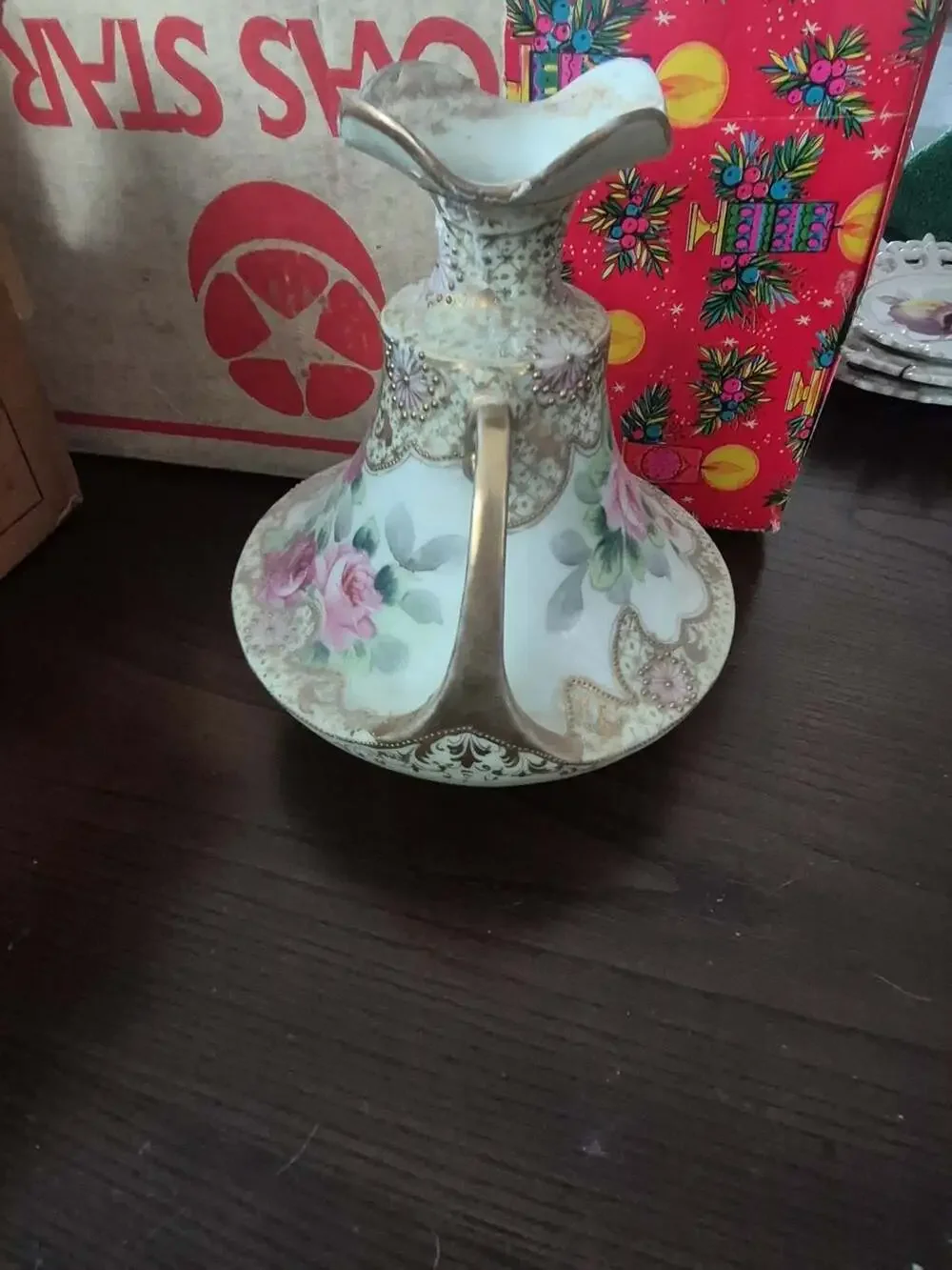Nippon Hand Painted Moriage Rose Double Handle Vase
